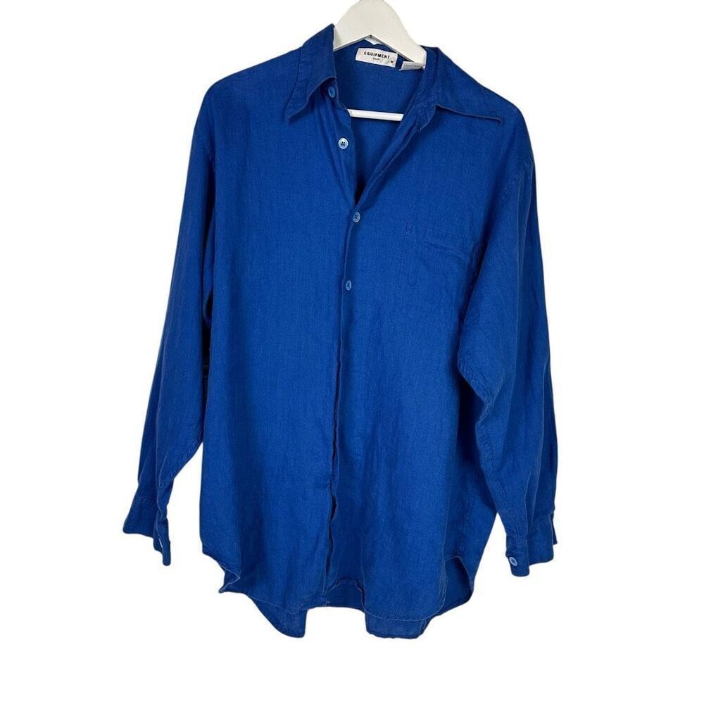 Equipment Mens Long Sleeve Linen Blue Shirt Medium